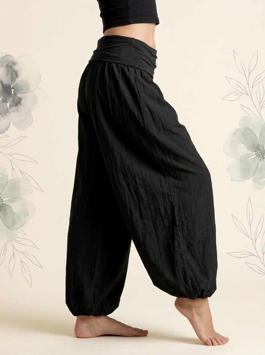 Plain Black Cotton Harem Pants in Black, side view