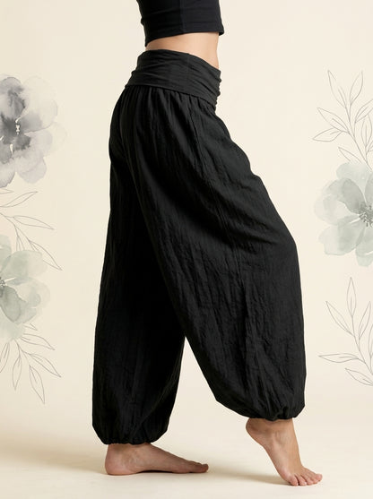 Plain Black Cotton Harem Pants in Black, side view