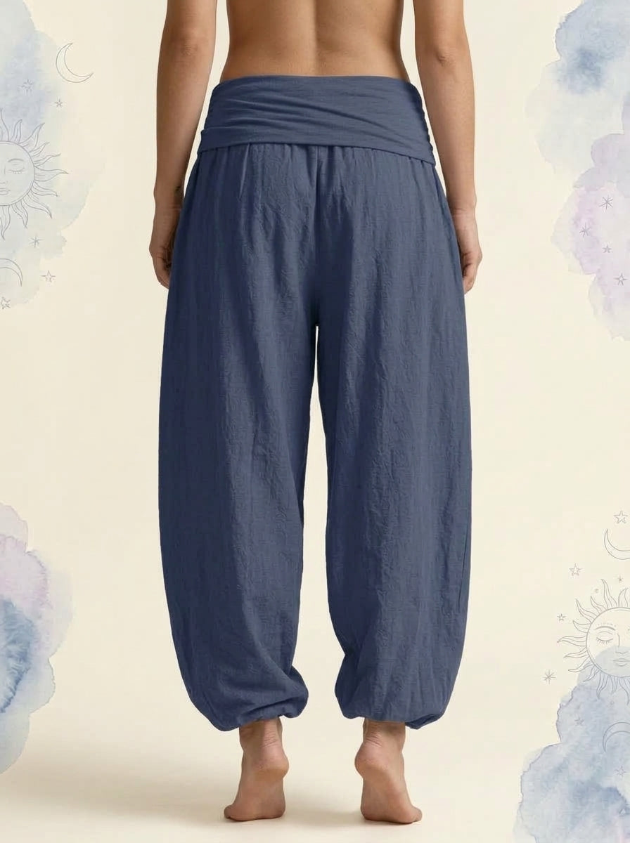 Sun & Moon Cotton Harem Pants in Dark Slate Blue, back view