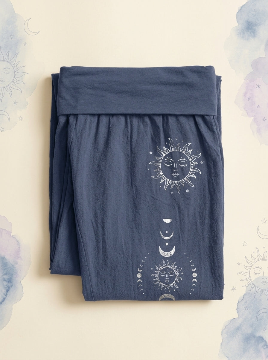 Sun & Moon Cotton Harem Pants in Dark Slate Blue, folded flat