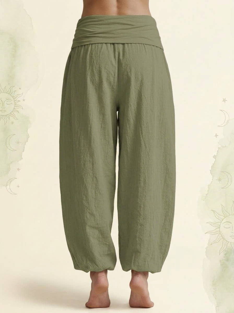 Sun & Moon Cotton Harem Pants in Olive Drab, back view