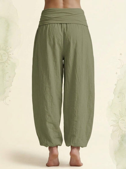 Sun & Moon Cotton Harem Pants in Olive Drab, back view