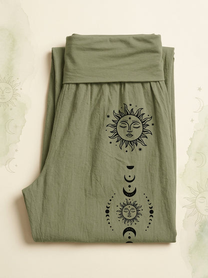 Sun & Moon Cotton Harem Pants in Olive Drab, folded flat