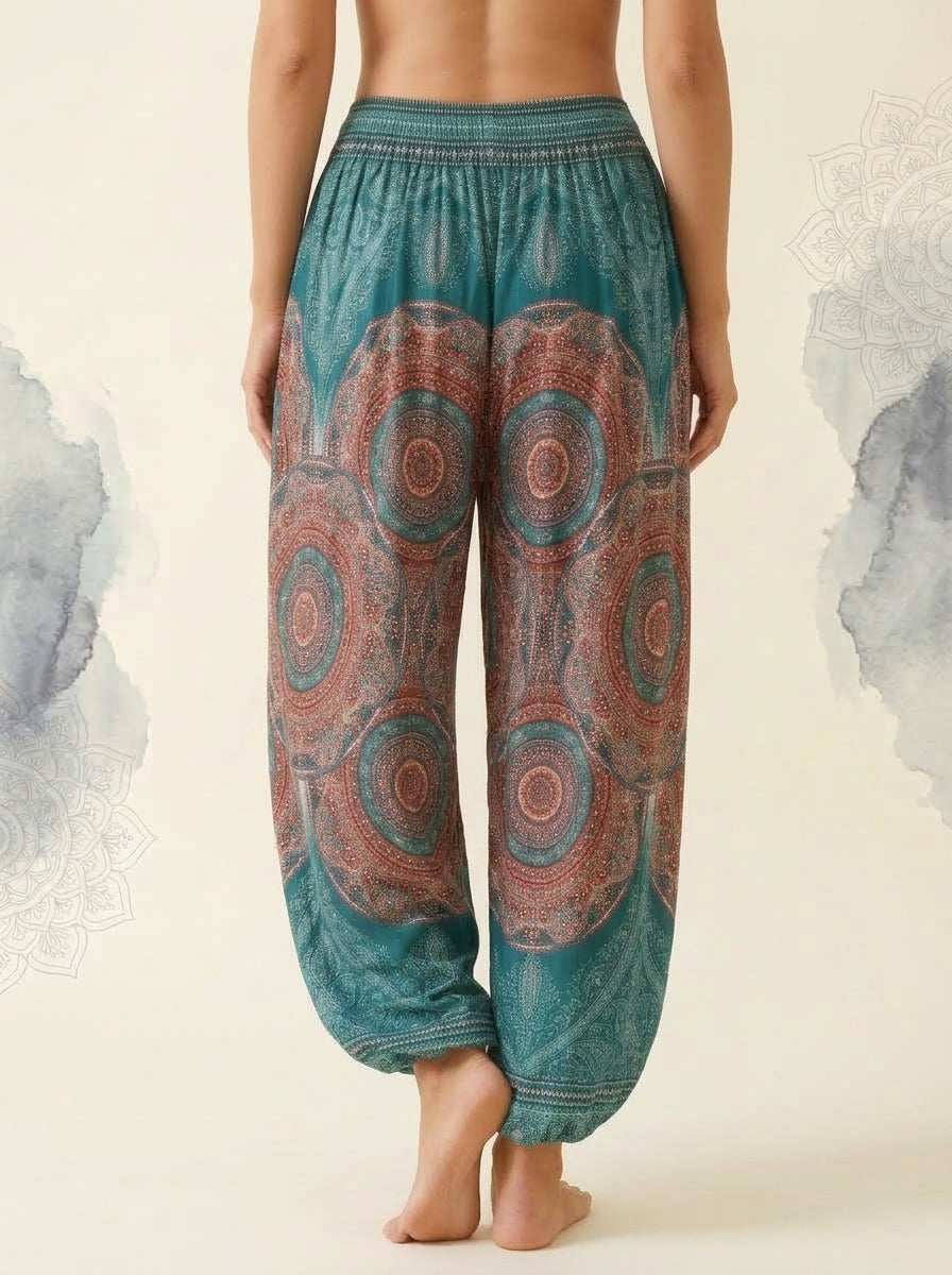 Thai Print Harem Pants in Aqua Coral, back view