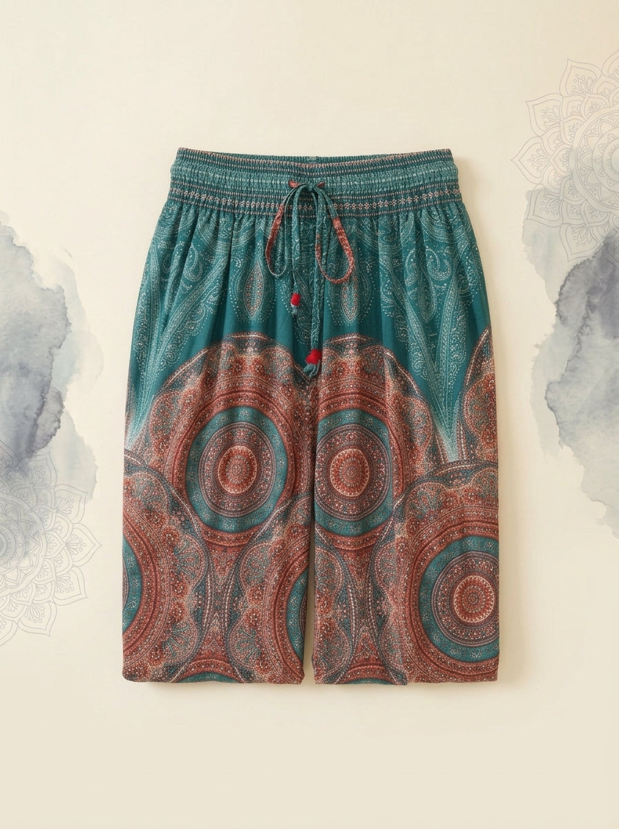 Thai Print Harem Pants in Aqua Coral, folded flat