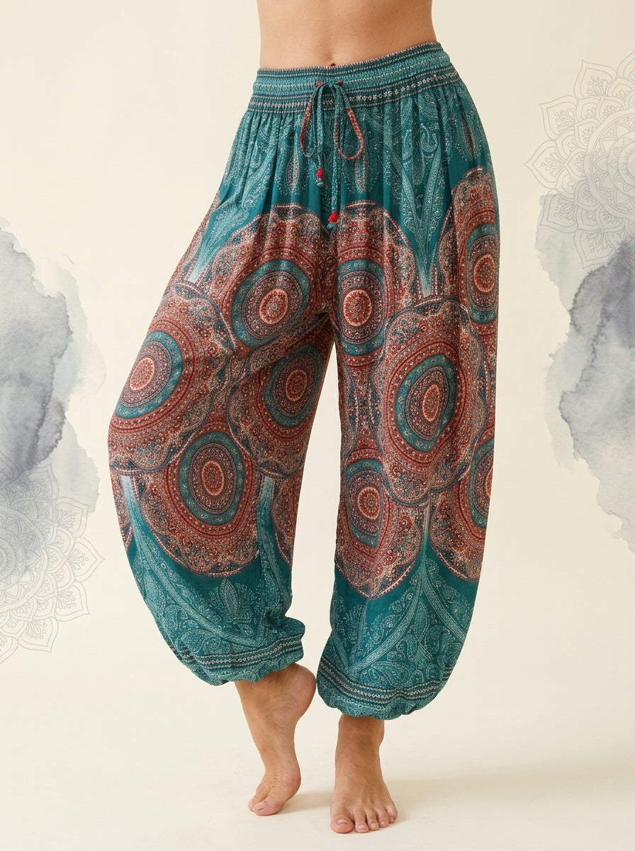 Thai Print Harem Pants in Aqua Coral, front view