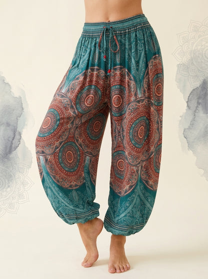 Thai Print Harem Pants in Aqua Coral, front view