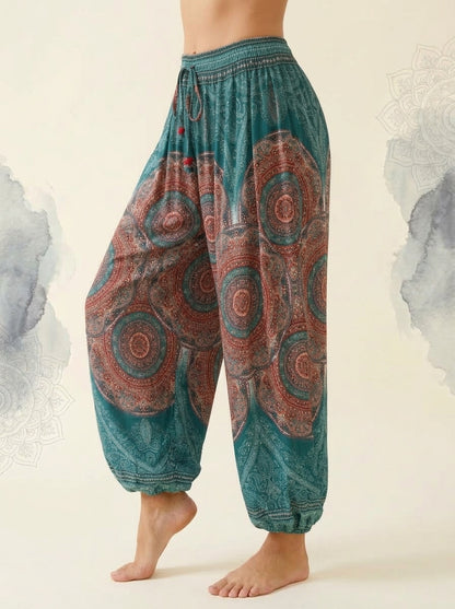 Thai Print Harem Pants in Aqua Coral, side view