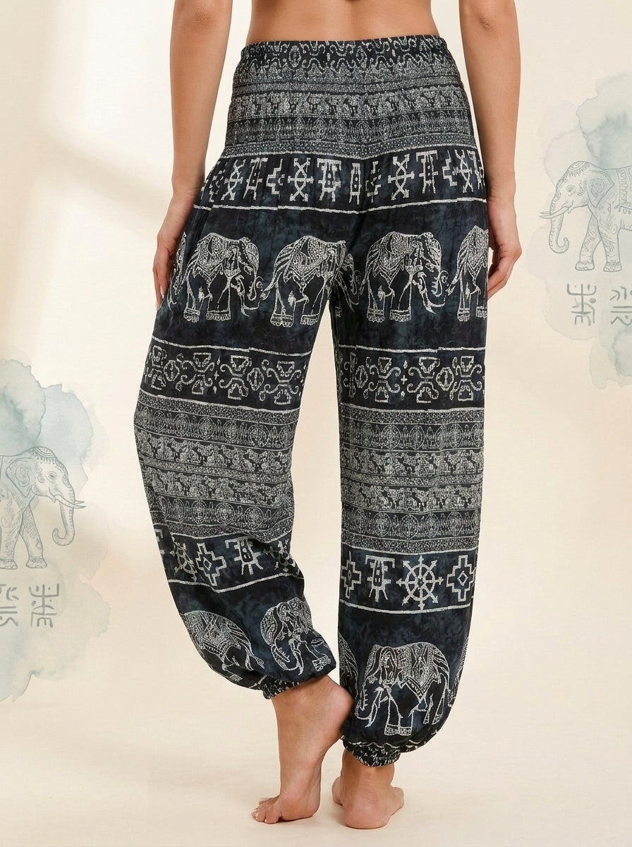 Thai Print Harem Pants in Black Elephant, back view