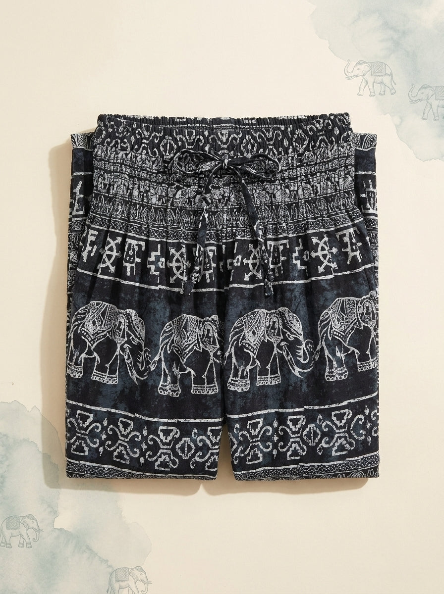 Thai Print Harem Pants in Black Elephant, folded flat