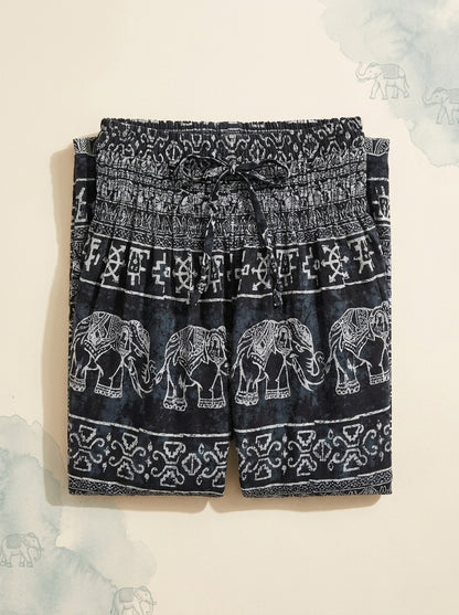 Thai Print Harem Pants in Black Elephant, folded flat