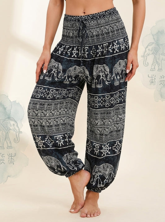 Thai Print Harem Pants in Black Elephant