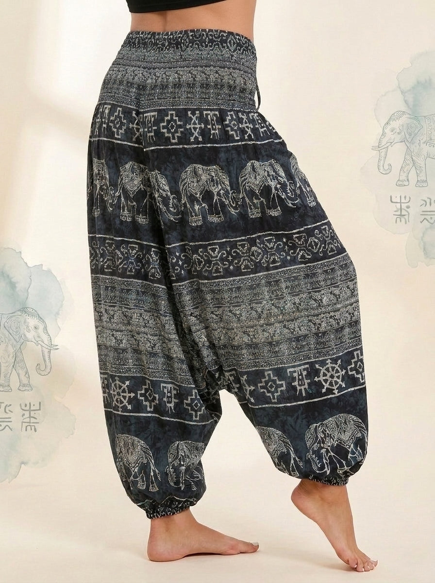 Thai Print Harem Pants in Black Elephant, side view