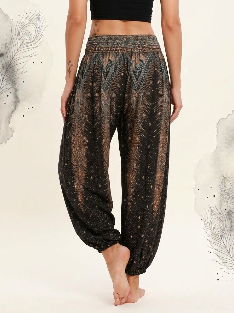Thai Print Harem Pants in Black Gold, back view