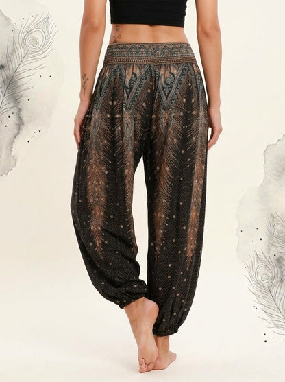 Thai Print Harem Pants in Black Gold, back view