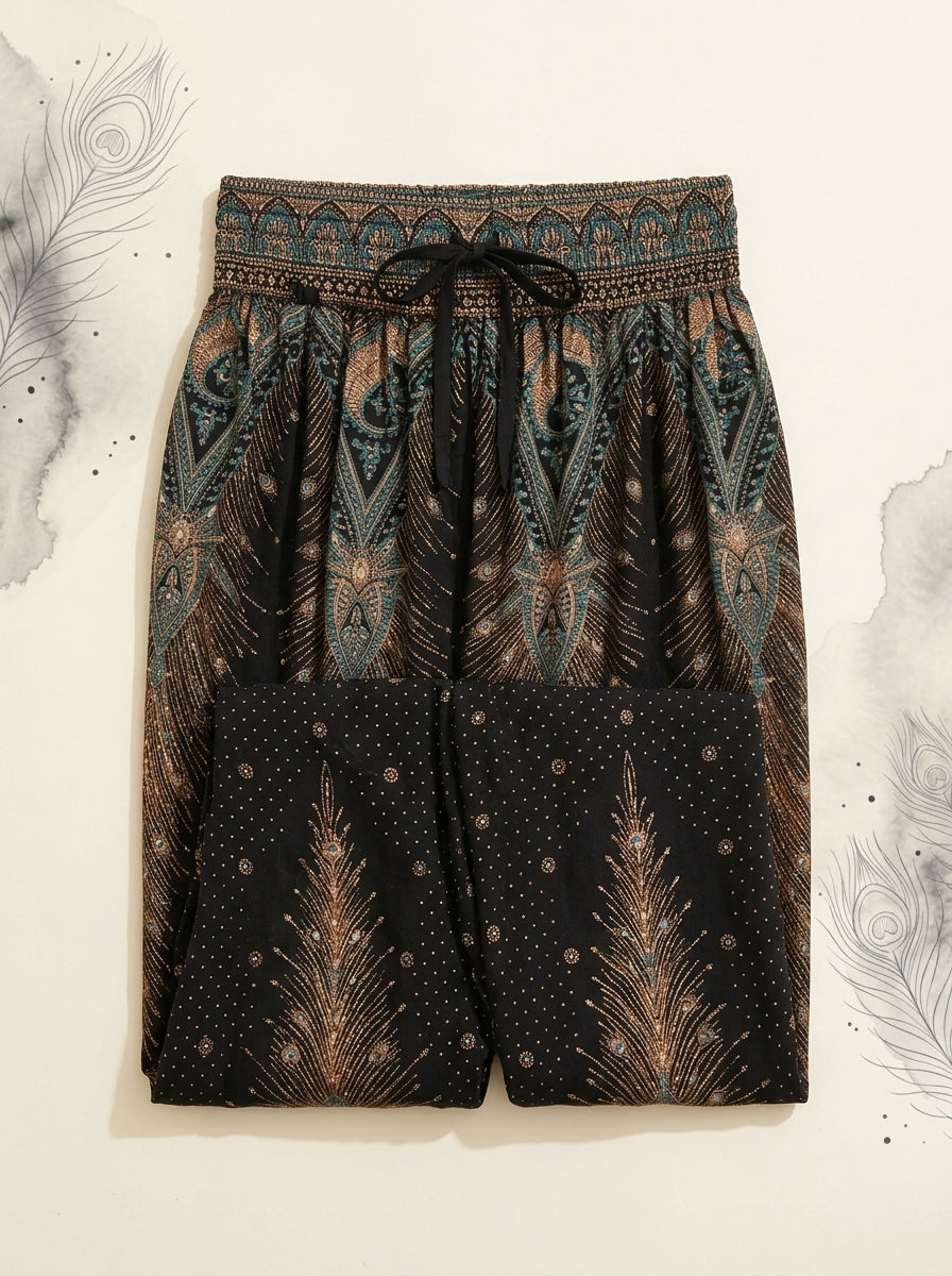 Thai Print Harem Pants in Black Gold, folded flat
