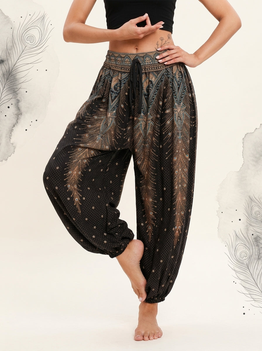 Thai Print Harem Pants in Black Gold, front view