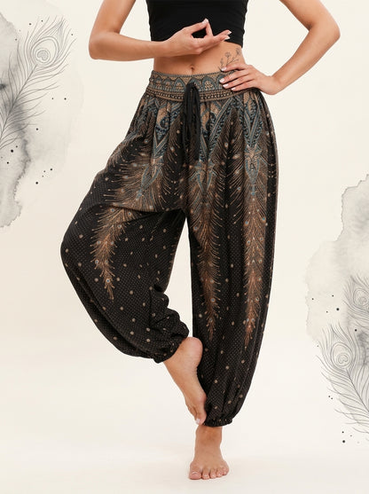Thai Print Harem Pants in Black Gold, front view
