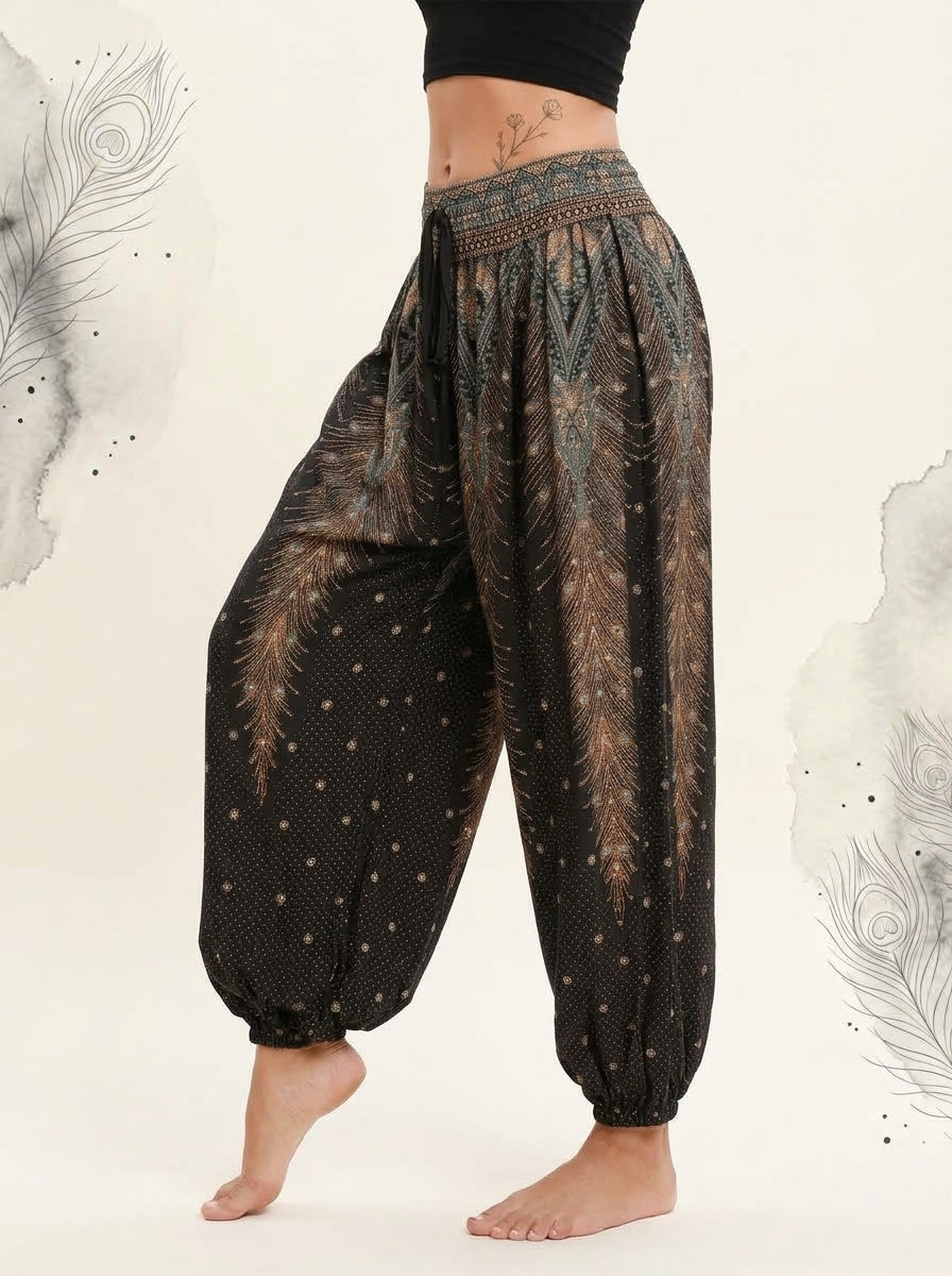 Thai Print Harem Pants in Black Gold, side view
