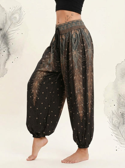 Thai Print Harem Pants in Black Gold, side view