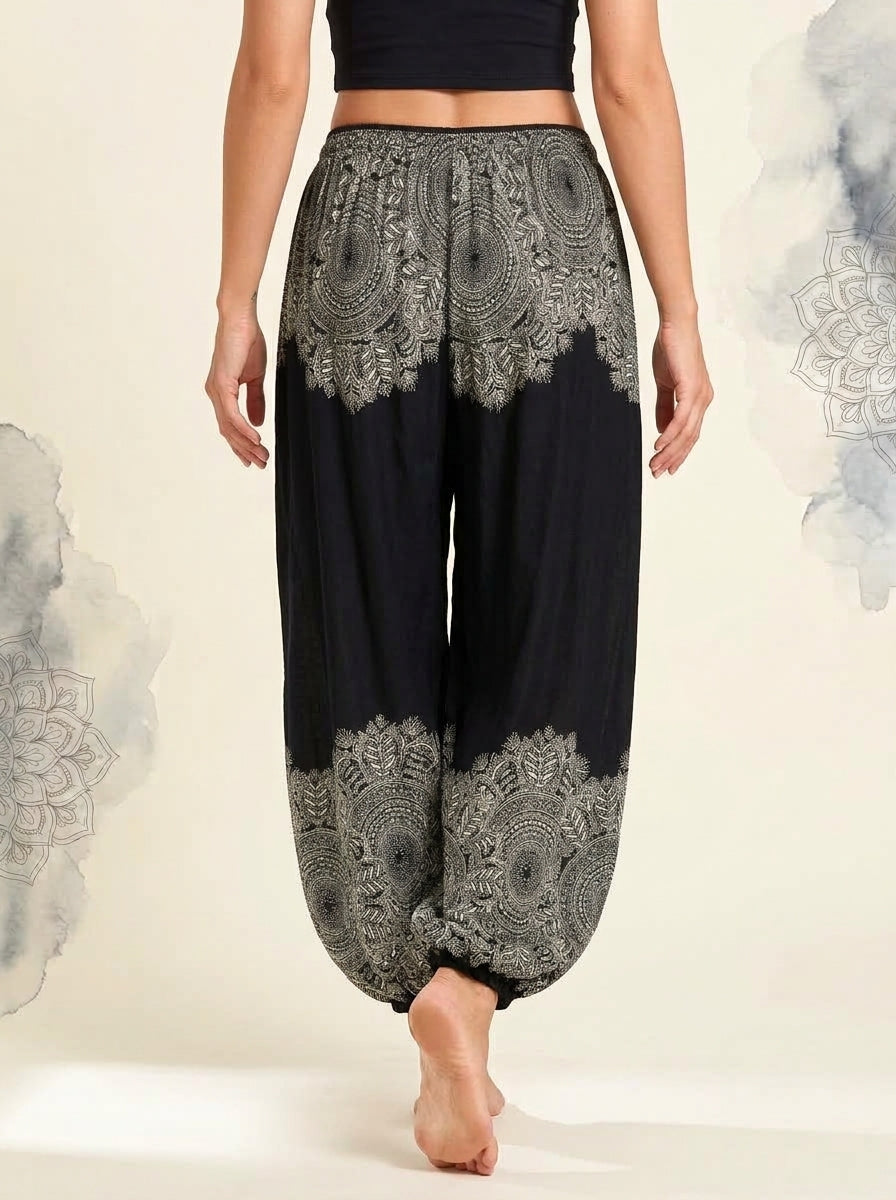 Thai Print Harem Pants in Black Lace, back view