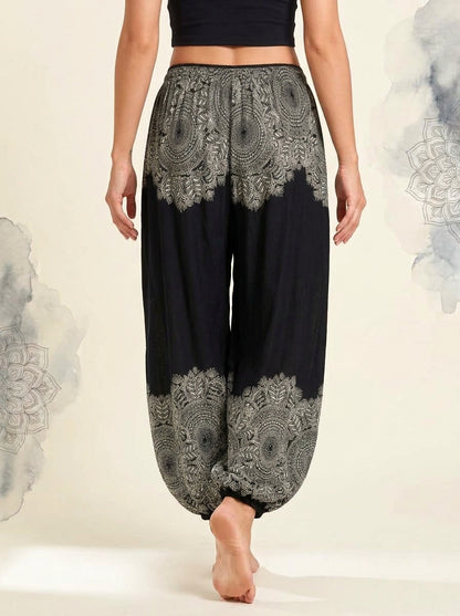 Thai Print Harem Pants in Black Lace, back view