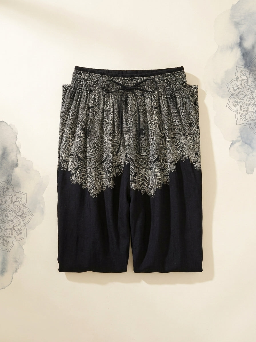 Thai Print Harem Pants in Black Lace, folded flat