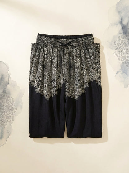 Thai Print Harem Pants in Black Lace, folded flat