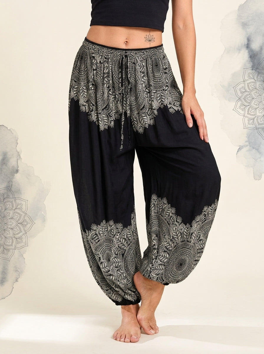 Thai Print Harem Pants in Black Lace, front view