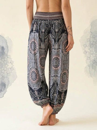 Thai Print Harem Pants in Black Medallion, back view