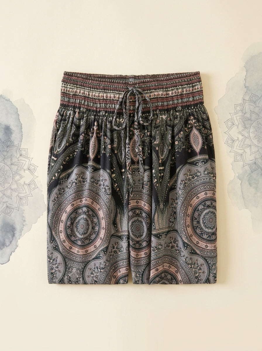 Thai Print Harem Pants in Black Medallion, folded flat