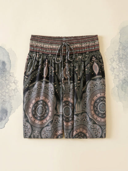Thai Print Harem Pants in Black Medallion, folded flat