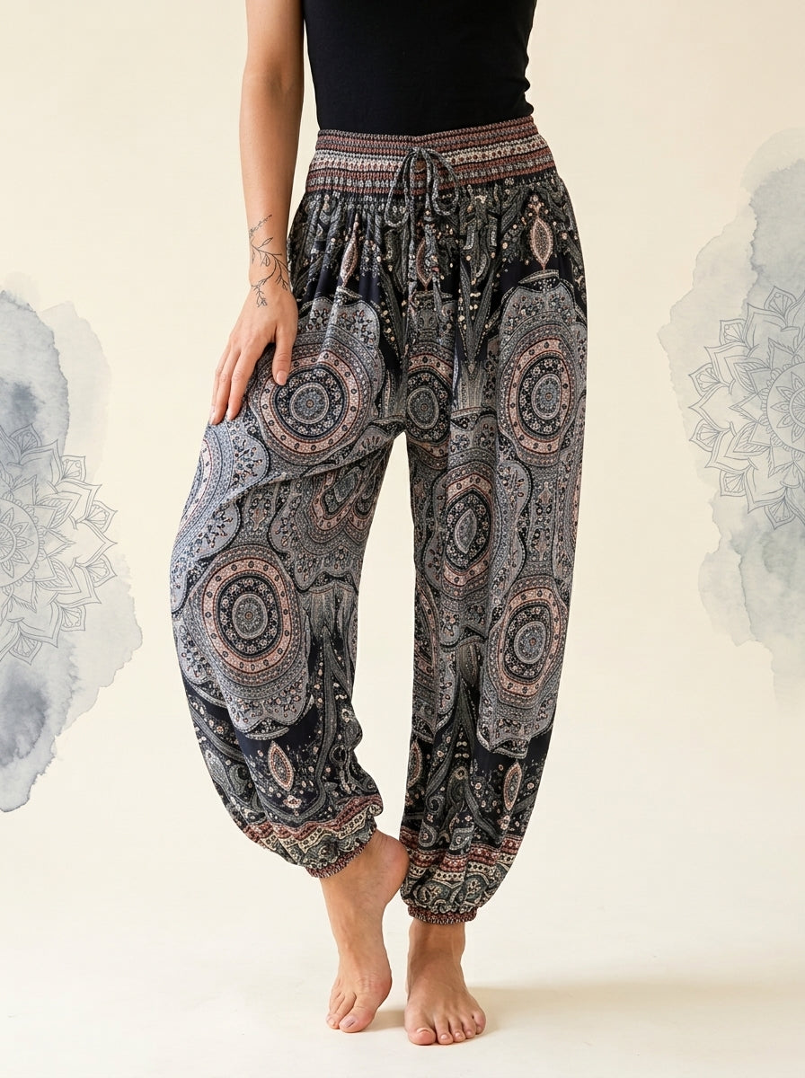 Thai Print Harem Pants in Black Medallion, front view