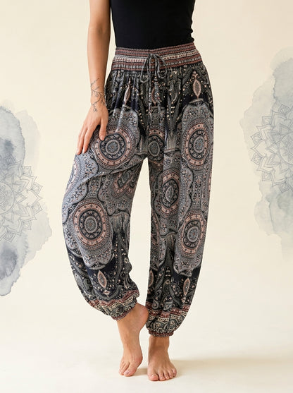 Thai Print Harem Pants in Black Medallion, front view