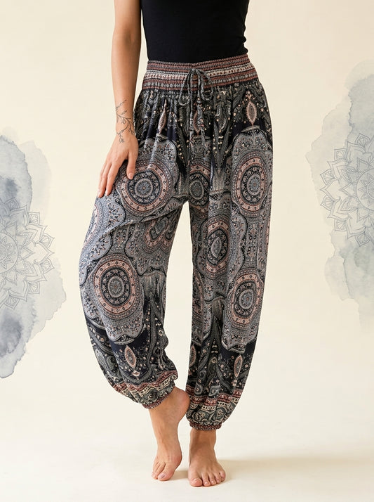 Thai Print Harem Pants in Black Medallion