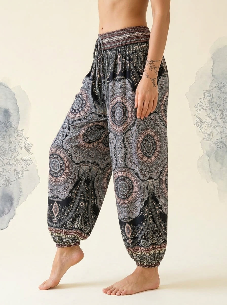Thai Print Harem Pants in Black Medallion, side view