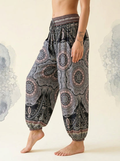 Thai Print Harem Pants in Black Medallion, side view