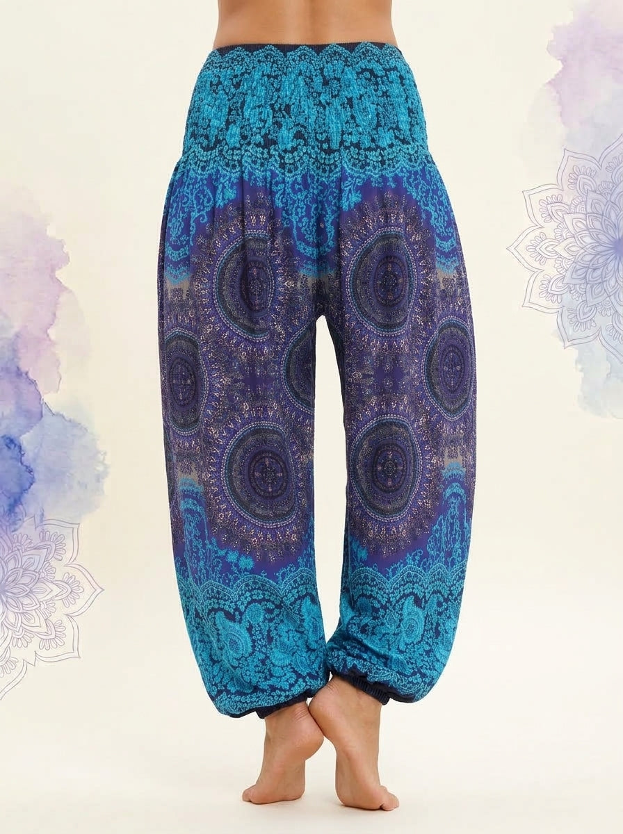 Thai Print Harem Pants in Blue Indigo, back view