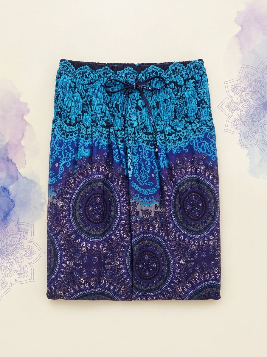 Thai Print Harem Pants in Blue Indigo, folded flat