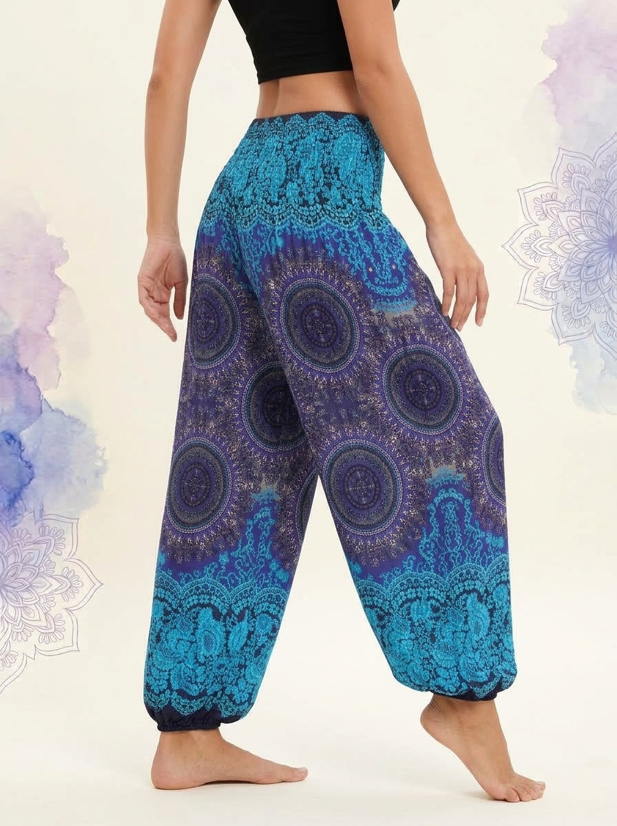 Thai Print Harem Pants in Blue Indigo, side view