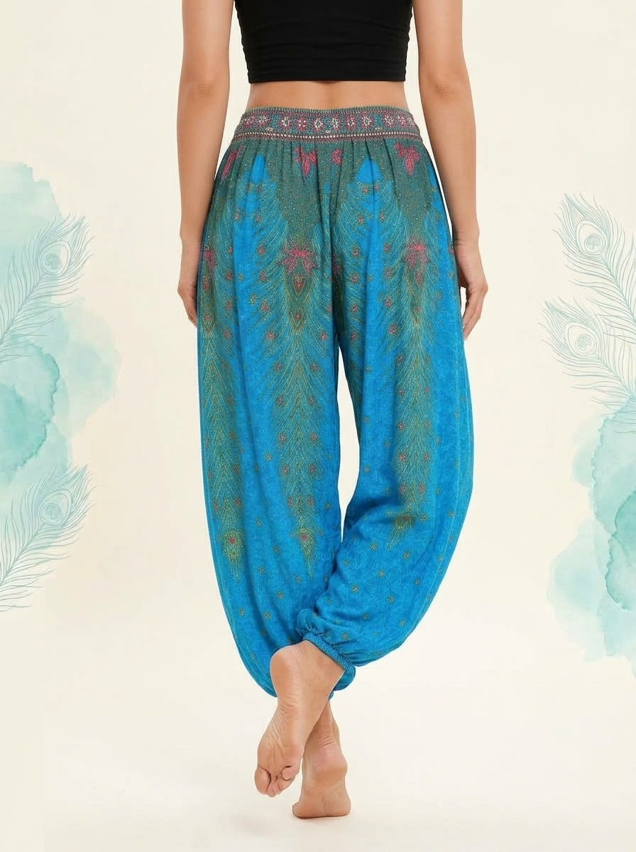 Thai Print Harem Pants in Bright Turquoise, back view