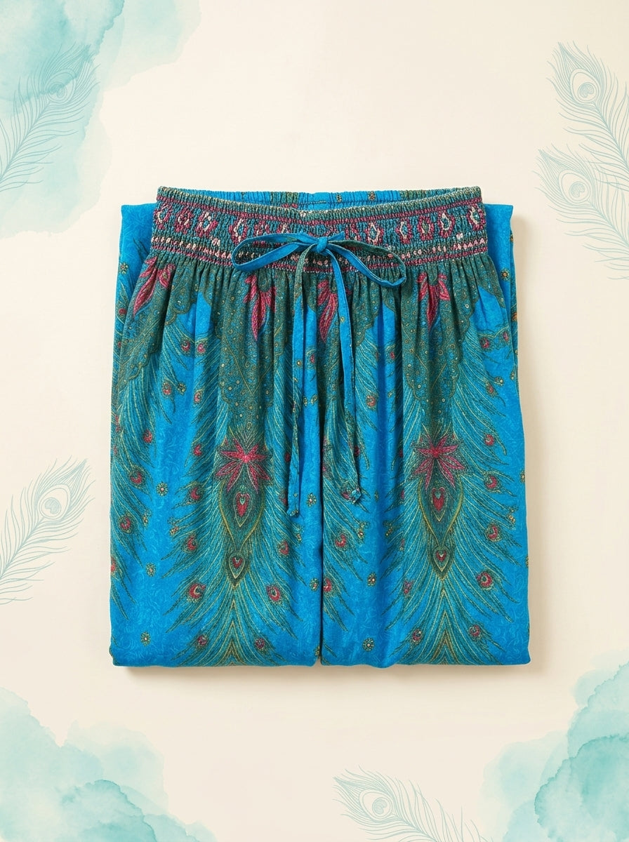 Thai Print Harem Pants in Bright Turquoise, folded flat