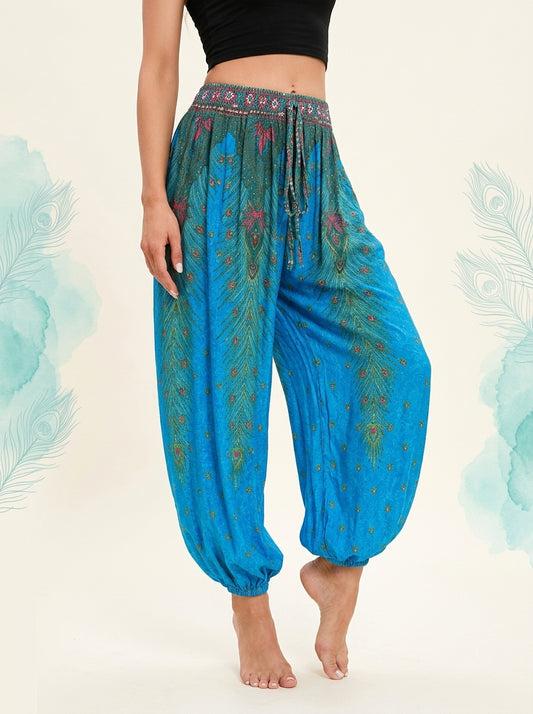 Thai Print Harem Pants in Bright Turquoise