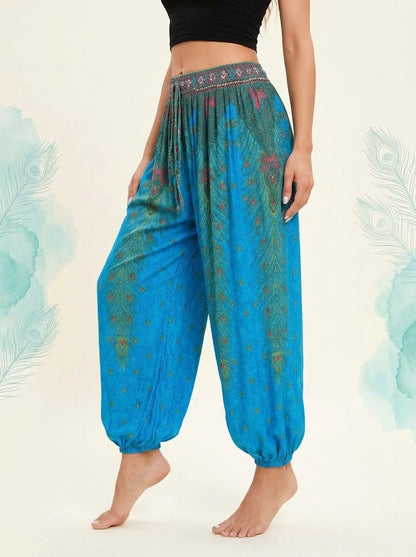 Thai Print Harem Pants in Bright Turquoise, side view