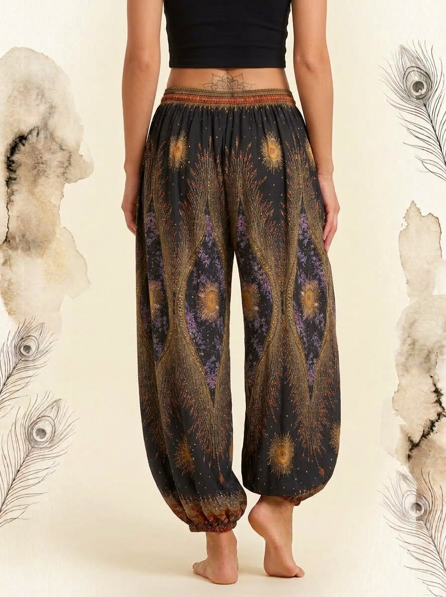 Thai Print Harem Pants in Bronze Peacock, back view