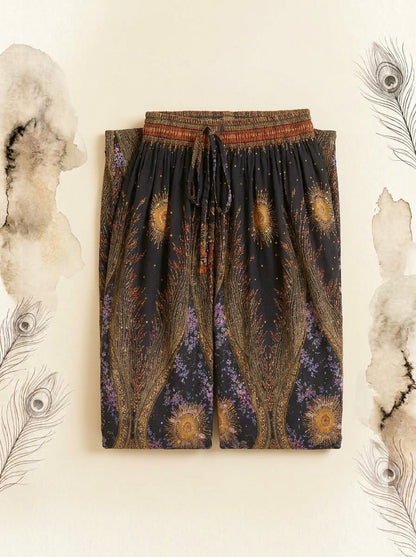 Thai Print Harem Pants in Bronze Peacock, folded flat