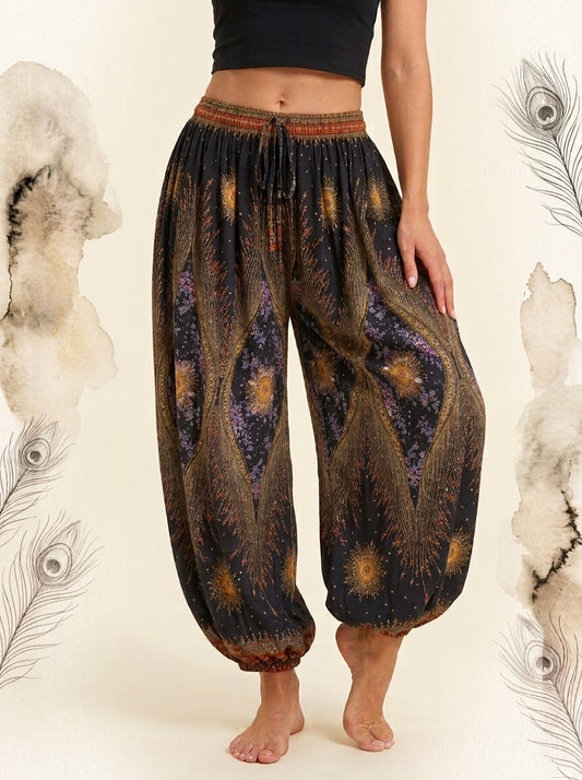 Thai Print Harem Pants in Bronze Peacock