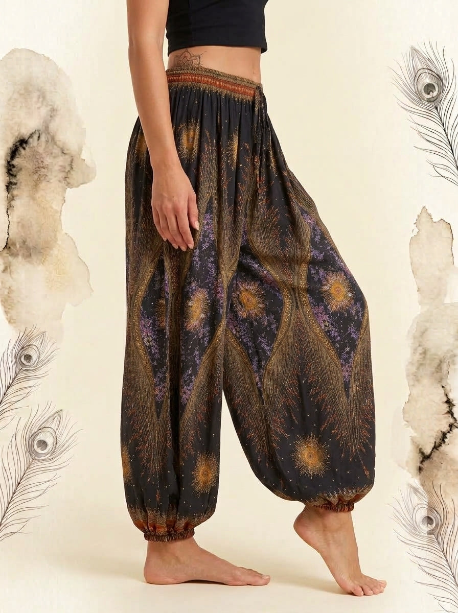 Thai Print Harem Pants in Bronze Peacock, side view