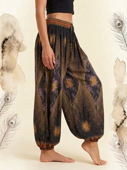 Thai Print Harem Pants in Bronze Peacock, side view