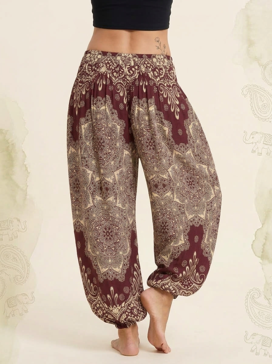 Thai Print Harem Pants in Burgundy Paisley, back view